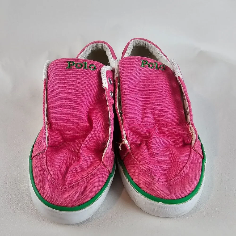Polo Ralph Lauren Mens 7 Pink Canvas Slip On Sneakers Casual Pony Logo No Laces